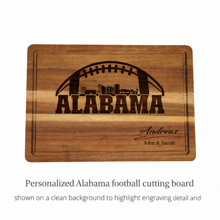 Personalized Alabama football cutting board laser engraved on solid acacia wood shown on a clean white background
