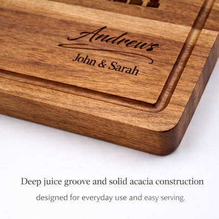 Close-up of juice groove and edge detail on personalized Alabama football cutting board made from solid acacia wood