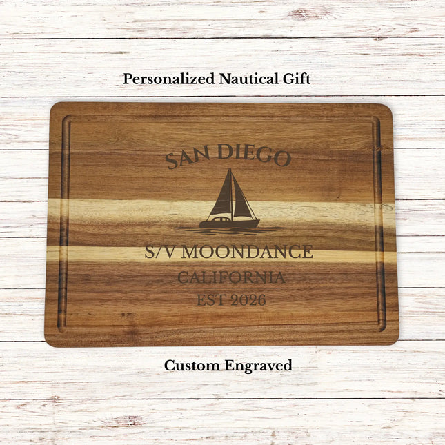 Personalized sailboat cutting board San Diego California nautical gift custom engraved boat name Moondance coastal decor