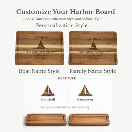 Andros Bahamas cutting board personalization options showing custom boat name family name established year and sailboat engraving styles