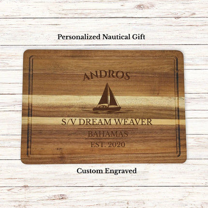 Andros Bahamas sailboat cutting board personalized with Windward Star boat name nautical gift