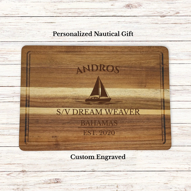 Andros Bahamas sailboat cutting board personalized with Windward Star boat name nautical gift