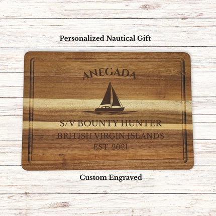 Anegada British Virgin Islands sailboat cutting board personalized with Trade Wind boat name nautical gift