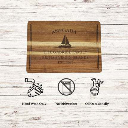Anegada British Virgin Islands cutting board care instructions showing how to clean oil and maintain acacia wood for long lasting use