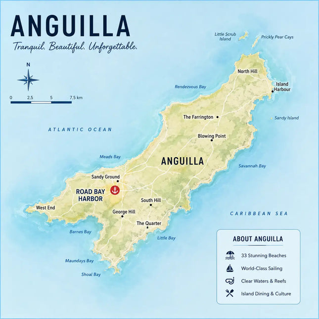 Illustrated map of Anguilla showing the island's coastline, major settlements, and location within the northeastern Caribbean.