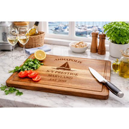 Annapolis nautical cutting board displayed in coastal kitchen perfect gift for sailors boat owners and Chesapeake Bay homes