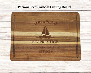 Annapolis sailboat cutting board personalized nautical gift engraved on acacia wood inspired by Chesapeake Bay sailing
