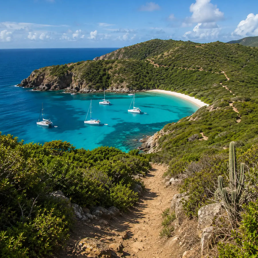 Hiking trails overlooking Anse de Colombier in St. Barths with panoramic views of the anchorage and Caribbean coastline.