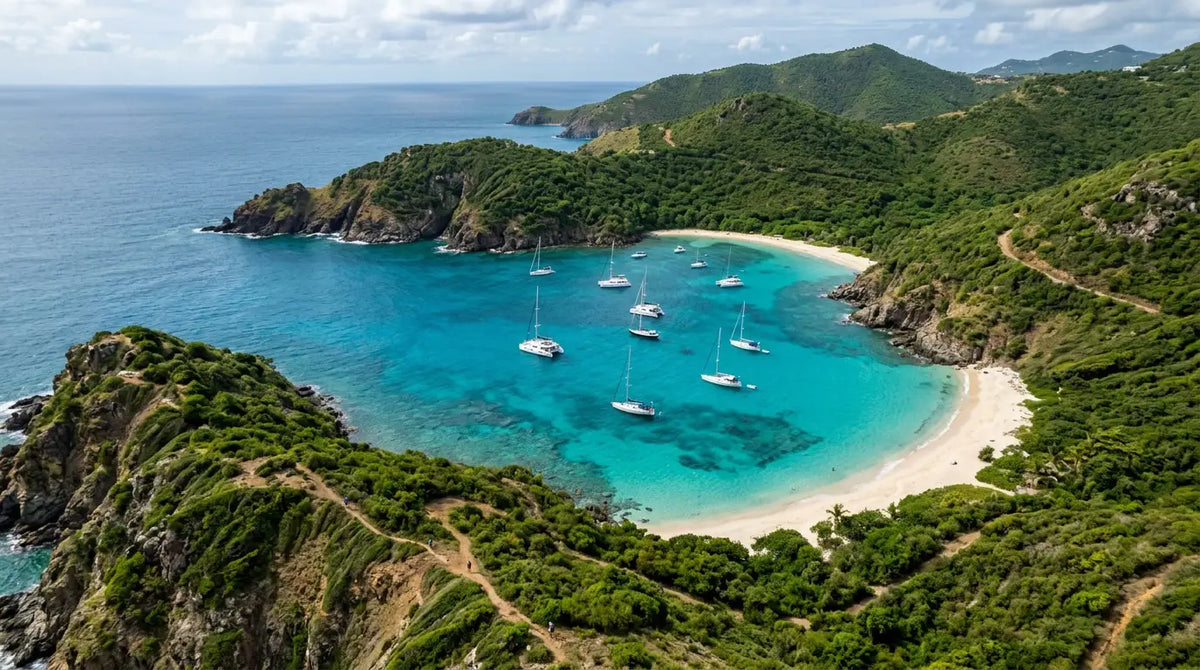 Aerial view of Anse de Colombier in St. Barths showing anchored sailboats, turquoise water, secluded white sand beach, and surrounding green hills.