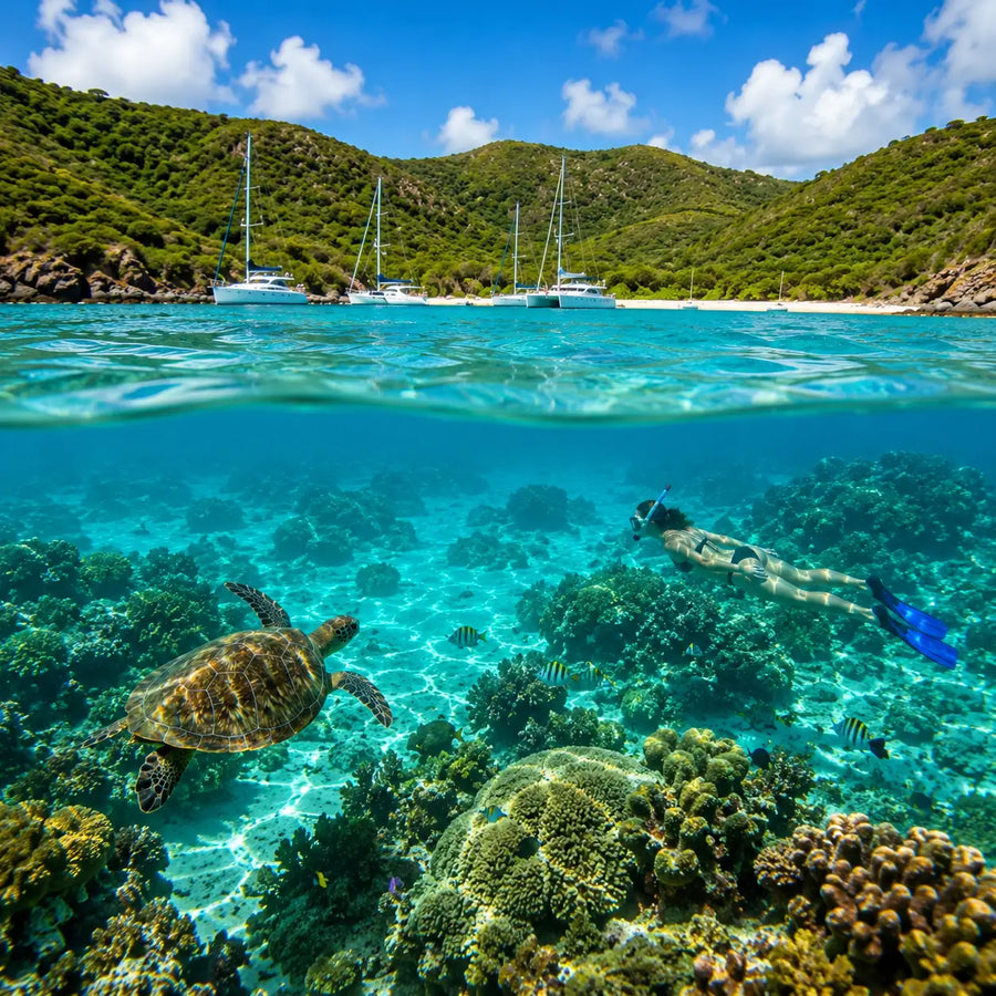 Hiking trails overlooking Anse de Colombier in St. Barths with panoramic views of the anchorage and Caribbean coastline.