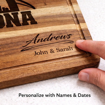 Close-up of personalized Arizona cutting board with custom family name and date laser engraving