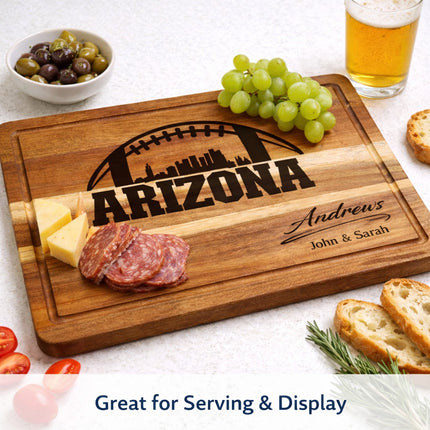 Arizona cutting board used for serving charcuterie and snacks with football skyline laser engraving
