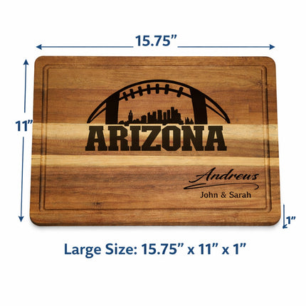 Arizona cutting board size and scale showing 15.75 by 11 by 1 inch dimensions with laser engraved football skyline design