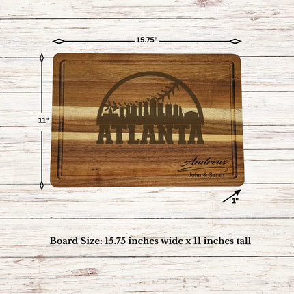 Atlanta baseball cutting board dimensions showing size thickness and juice groove details on acacia wood board