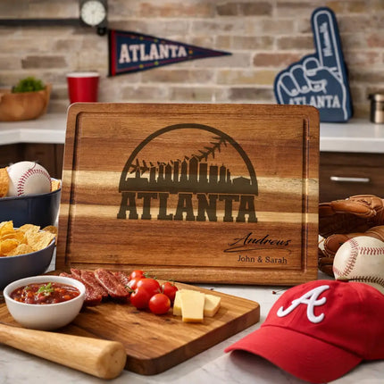 Atlanta baseball cutting board displayed in kitchen with baseball themed decor food and entertaining setup