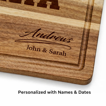 Close-up of personalized Atlanta cutting board with custom family name engraving