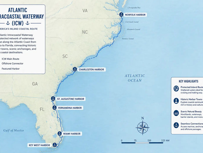 Illustrated route map of the Atlantic Intracoastal Waterway showing the protected coastal cruising route from Norfolk Harbor through Charleston, St. Augustine, Fernandina Harbor, Miami Harbor, and Key West along the eastern seaboard of the United States.
