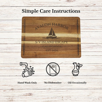 Avalon Harbor California cutting board care instructions showing how to clean oil and maintain acacia wood