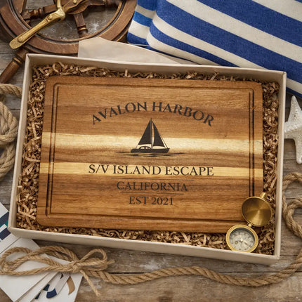 Avalon Harbor California personalized cutting board gift in nautical themed box with rope compass and coastal decor