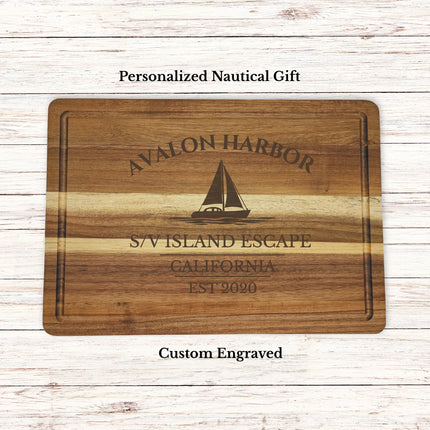 Personalized Avalon Harbor California sailboat cutting board engraved with boat name Island Escape nautical gift