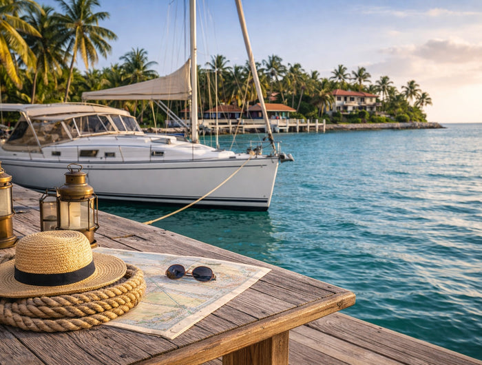 Bahamas and Caribbean sailboat cutting boards collection banner featuring a marina scene with turquoise water, sailboats, nautical chart, rope, and brass divider