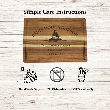Bahia Honda Harbor Florida cutting board care instructions showing how to clean oil and maintain acacia wood for long lasting use