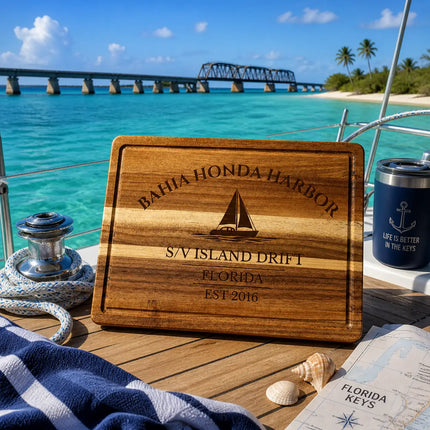 Bahia Honda Harbor Florida sailboat cutting board on a boat deck with turquoise water and Old Bahia Honda Bridge in the background