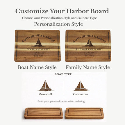 Bahia Honda Harbor Florida cutting board personalization options showing custom boat name family name established year and sailboat engraving styles