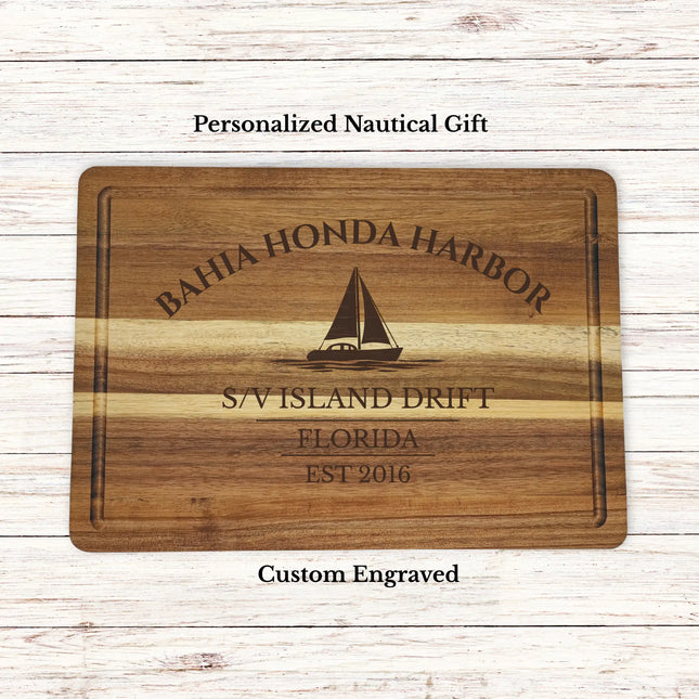 Bahia Honda Harbor Florida sailboat cutting board personalized with Island Drift boat name nautical gift