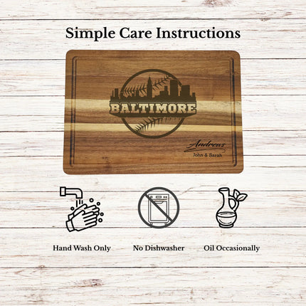 Care instructions for acacia wood cutting board showing cleaning oiling and maintenance for long lasting use
