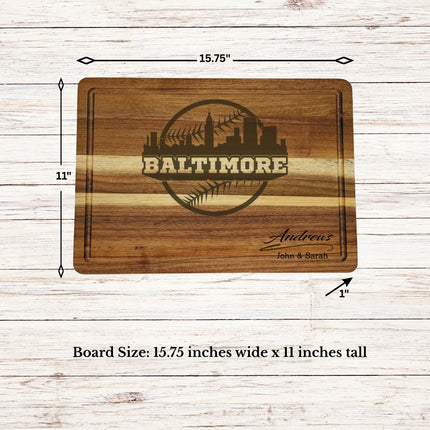 Baltimore baseball cutting board dimensions showing size thickness and juice groove details on acacia wood board