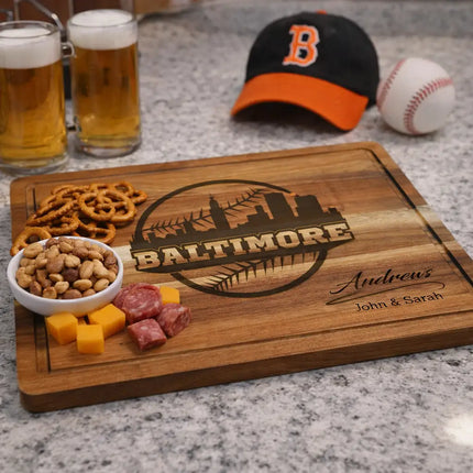 Baltimore baseball cutting board displayed in kitchen or game day setting with snacks and drinks for entertaining