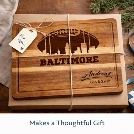 Custom Baltimore cutting board gift with football skyline laser engraving and personalized family name