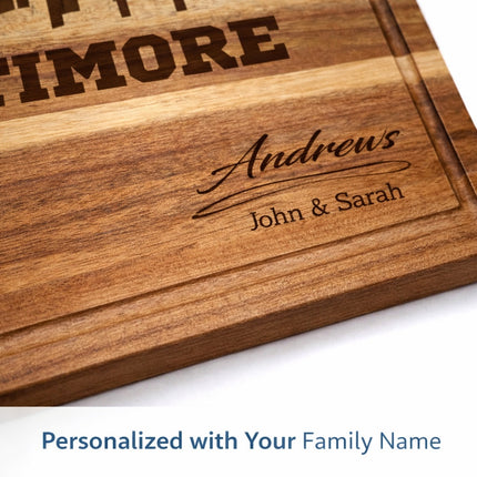Close-up of personalized Baltimore cutting board with custom family name laser engraving