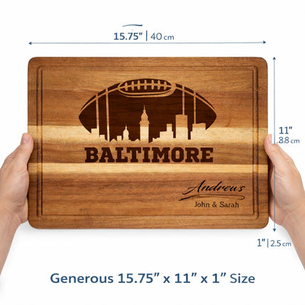 Baltimore cutting board size and scale showing 15.75 by 11 by 1 inch dimensions with football skyline laser engraving