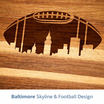 Baltimore skyline and football laser engraving on custom hardwood cutting board