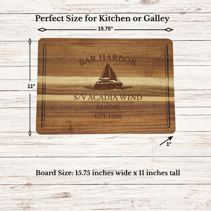 Dimensions diagram of Bar Harbor Maine sailboat cutting board showing board size engraving layout and juice groove