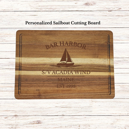 Personalized Bar Harbor Maine sailboat cutting board engraved with custom boat name and family name nautical kitchen gift
