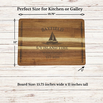 Bayfield Wisconsin cutting board dimensions showing size thickness and scale of acacia wood board