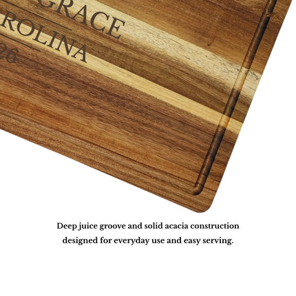 Beaufort cutting board juice groove detail and premium acacia wood craftsmanship