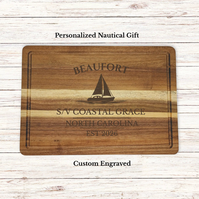 Personalized Beaufort North Carolina sailboat cutting board engraved with boat or family name and established year on acacia wood