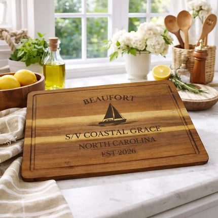 Beaufort personalized sailboat cutting board displayed in a coastal kitchen with warm natural light and nautical decor