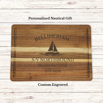 Bellingham Washington sailboat cutting board personalized with Erickson family name nautical gift