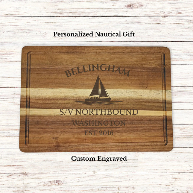 Bellingham Washington sailboat cutting board personalized with Erickson family name nautical gift
