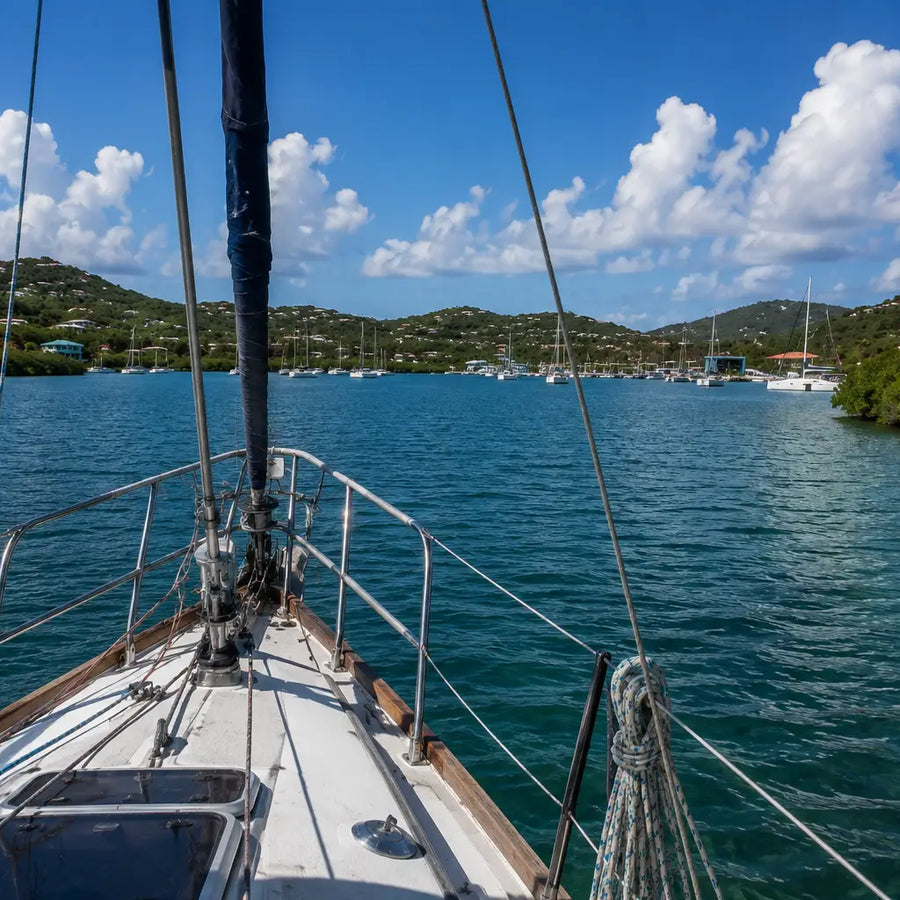 Captain's-eye view approaching Benner Bay Harbor aboard a cruising sailboat with the protected harbor and marina