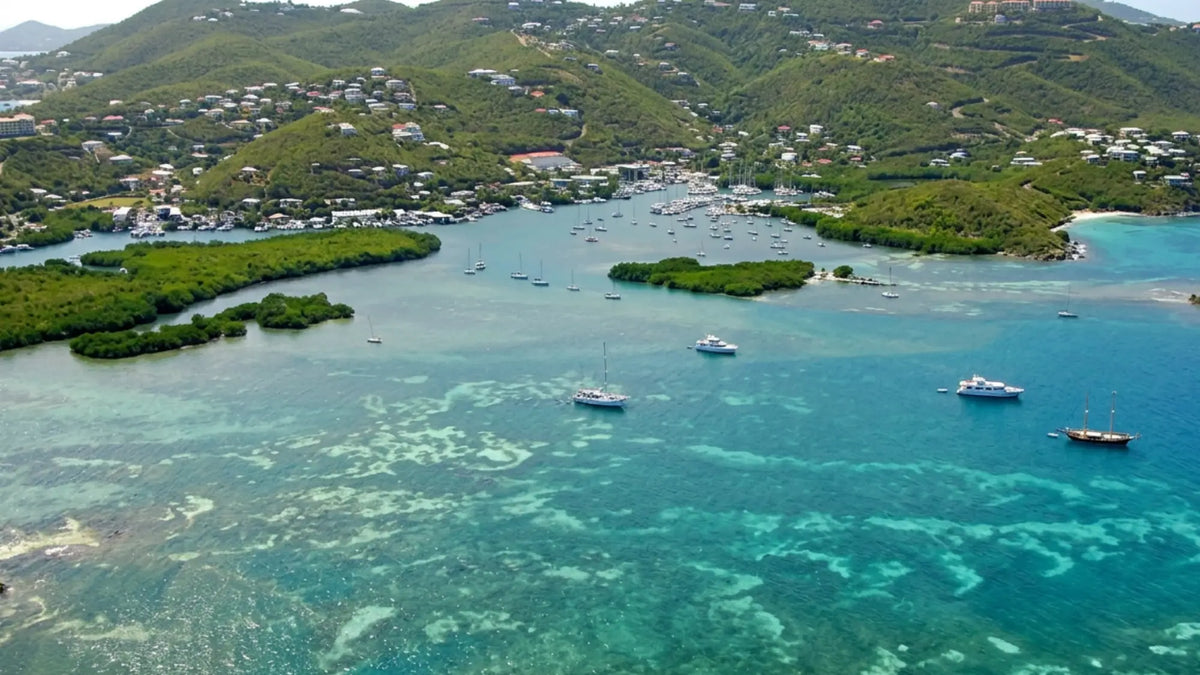 Aerial overview of Benner Bay Harbor showing the protected lagoon, mangroves, marinas, and surrounding hills on the east end of St. Thomas, U.S. Virgin Islands.