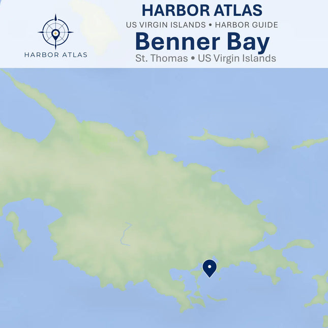 Island overview map highlighting Benner Bay Harbor on the east end of St. Thomas with nearby islands and cruising destinations.