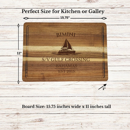 Bimini Bahamas sailboat cutting board dimensions and features including size thickness juice groove and edge detail