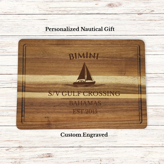 Bimini Bahamas sailboat cutting board personalized with Gulf Crossing boat name nautical gift