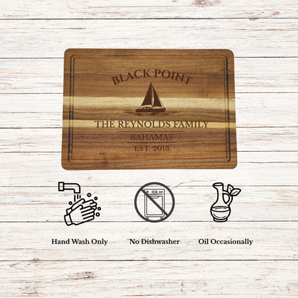 Black Point Bahamas cutting board care instructions showing how to clean oil and maintain acacia wood for long lasting use